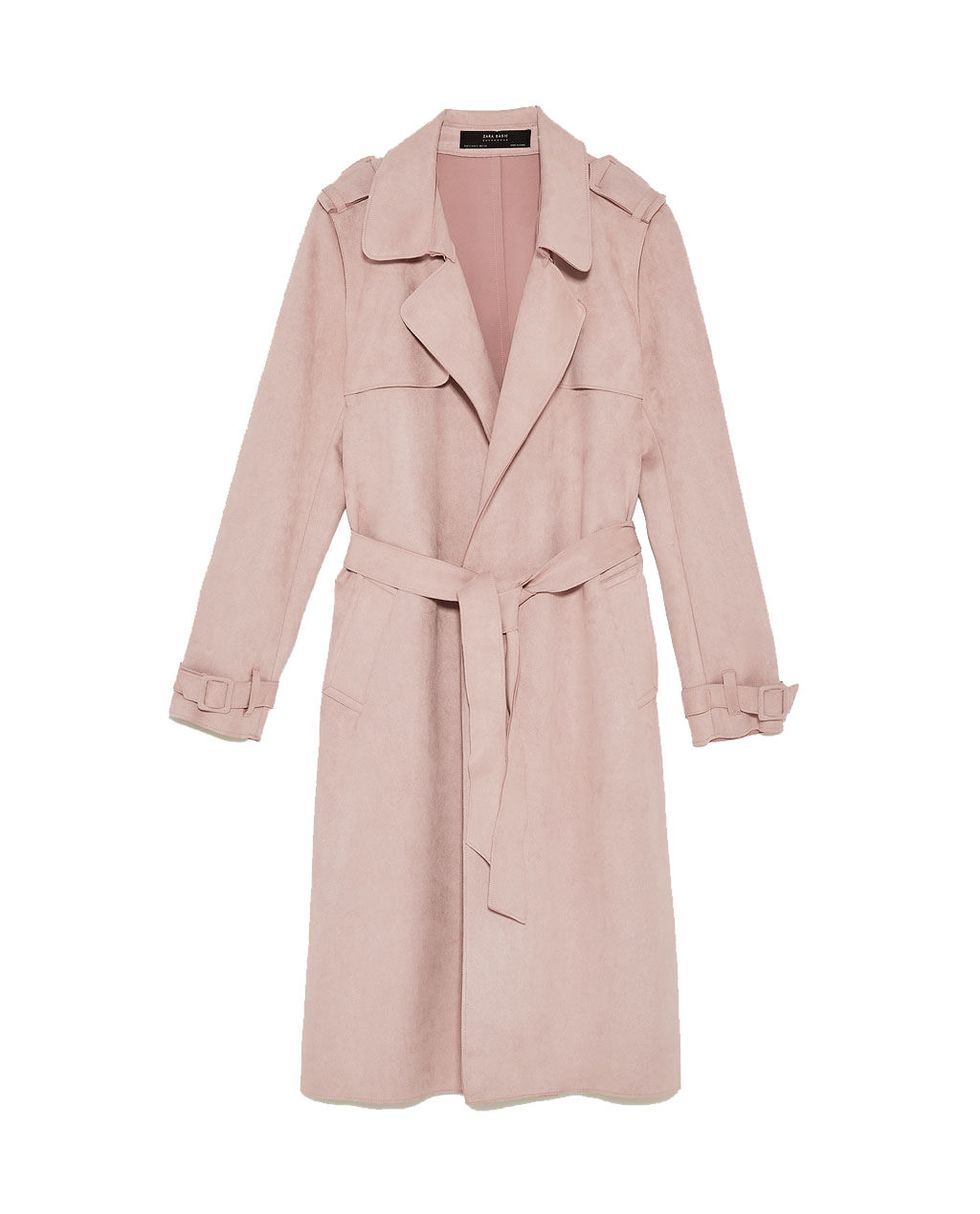 Clothing, Trench coat, Coat, Outerwear, Overcoat, Pink, Sleeve, Robe, Collar, Beige, 