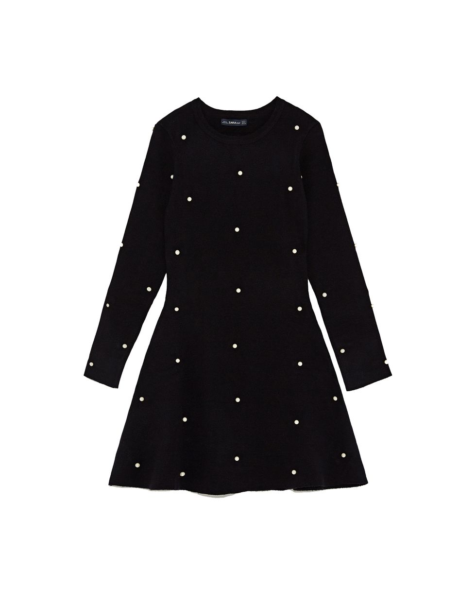 Clothing, Black, Sleeve, Pattern, Outerwear, Polka dot, Dress, Design, Day dress, Coat, 