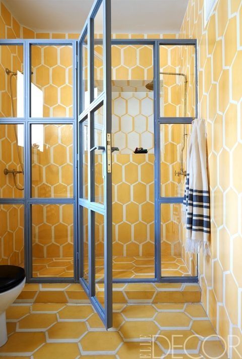 Yellow, Room, Door, Architecture, Interior design, Glass, Building, Bathroom, Metal, 