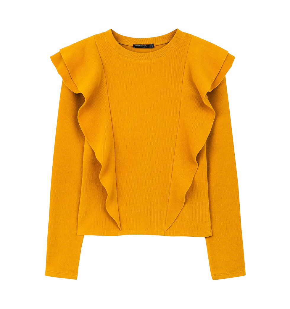 Clothing, Yellow, Sleeve, Outerwear, Orange, T-shirt, Top, Jacket, Blouse, Sweater, 