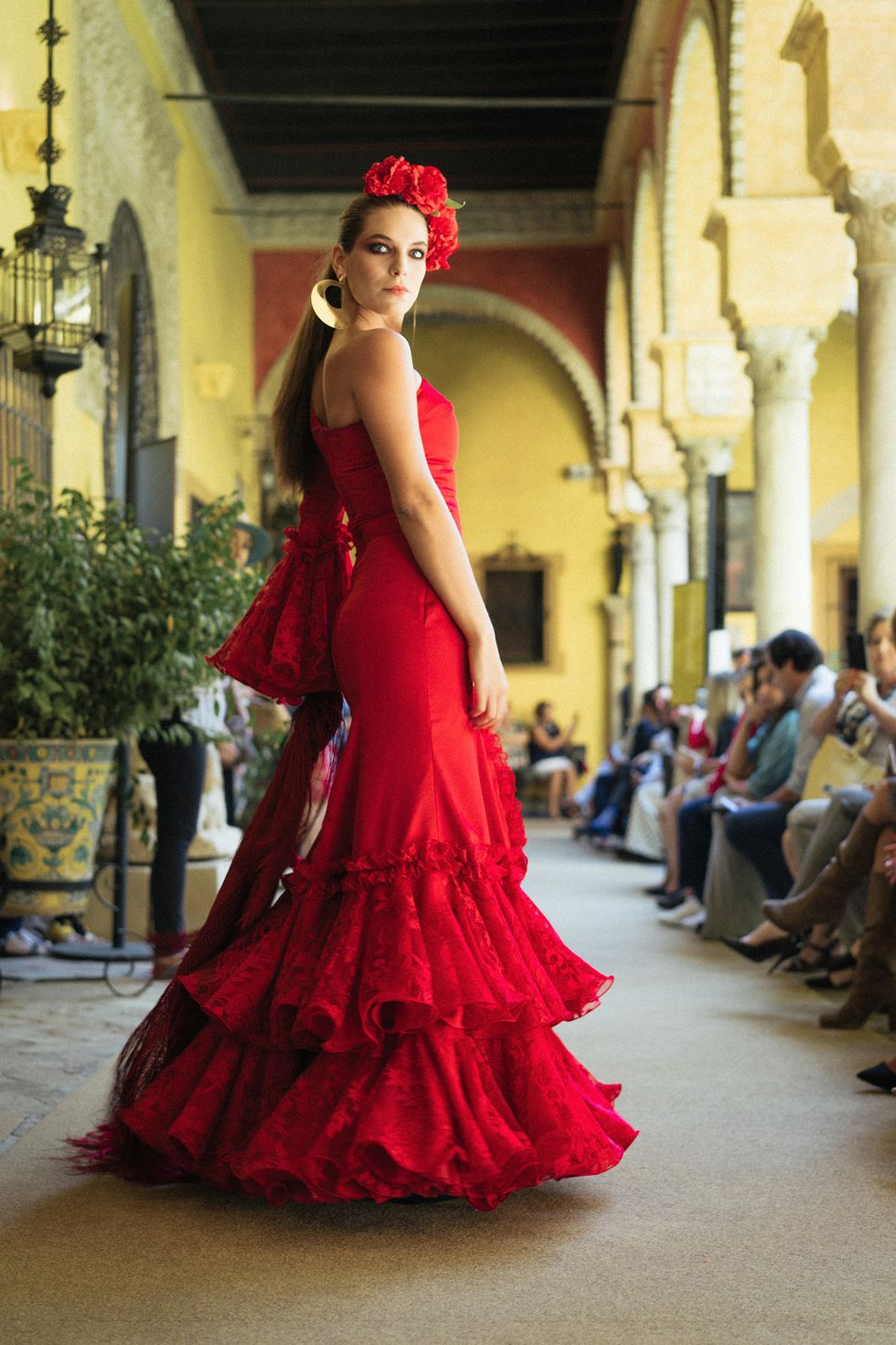 Fashion model, Gown, Dress, Clothing, Red, Shoulder, Haute couture, Fashion, Beauty, Formal wear, 