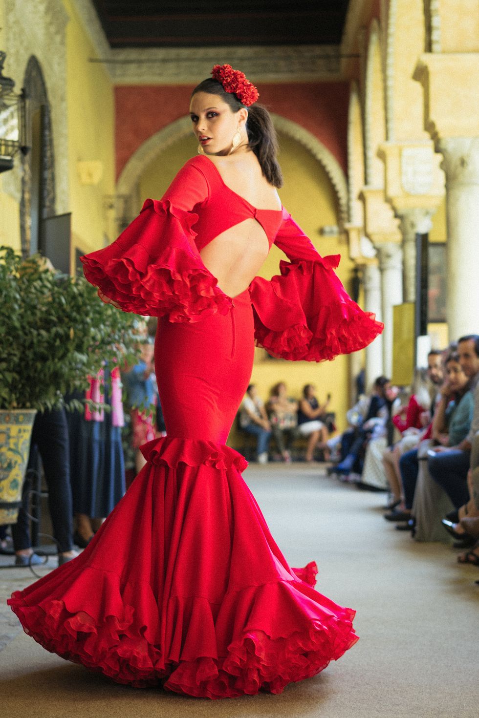 Red, Dance, Shoulder, Flamenco, Fashion, Haute couture, Dress, Beauty, Fashion model, Event, 