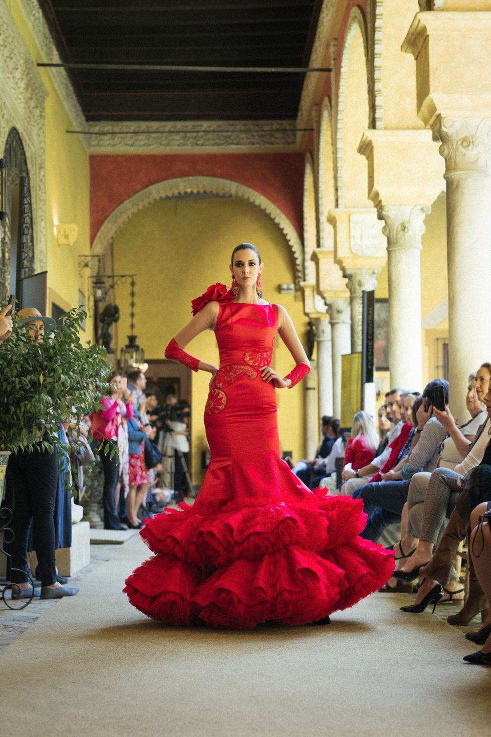 Red, Fashion, Dress, Gown, Haute couture, Event, Flamenco, Tradition, Fashion design, Fashion model, 