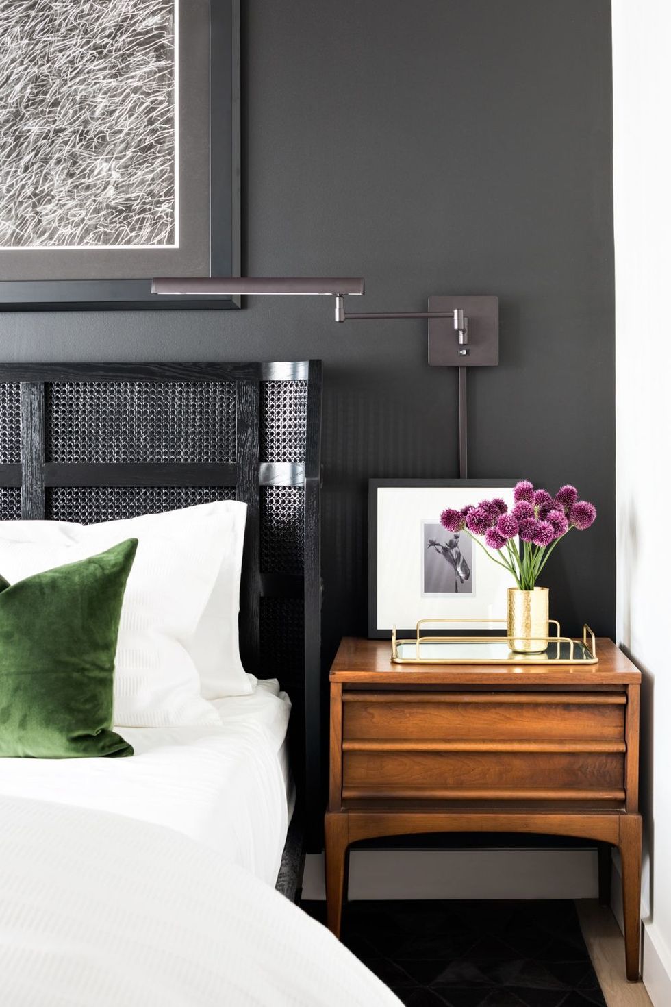 Furniture, Bedroom, Room, Black, Interior design, Bed, Nightstand, Bed frame, Property, Violet, 