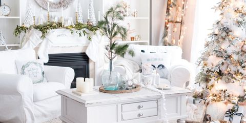 White, Room, Living room, Christmas decoration, Furniture, Interior design, Property, Home, Table, Christmas tree, 