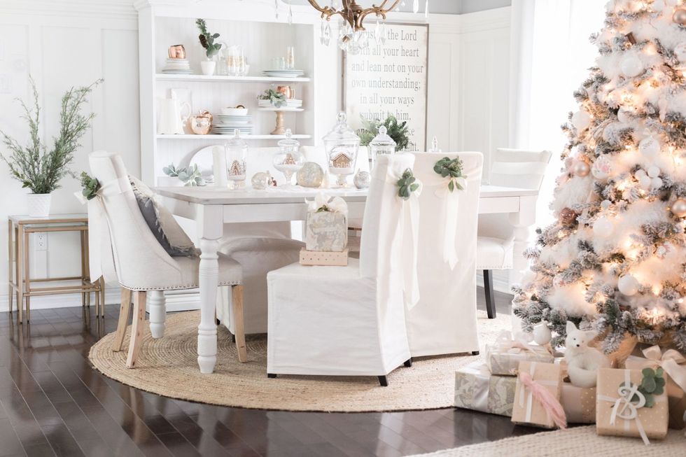 White, Christmas decoration, Room, Furniture, Christmas tree, Interior design, Table, Tree, Christmas, Dining room, 
