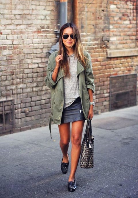 7-Le-Fashion-Blog-15-Ways-To-Wear-A-Green-Army-Jacket-Gray-Tee-Leather-Skirt-Studded-Loafers-Via-Sincerely-Jules image