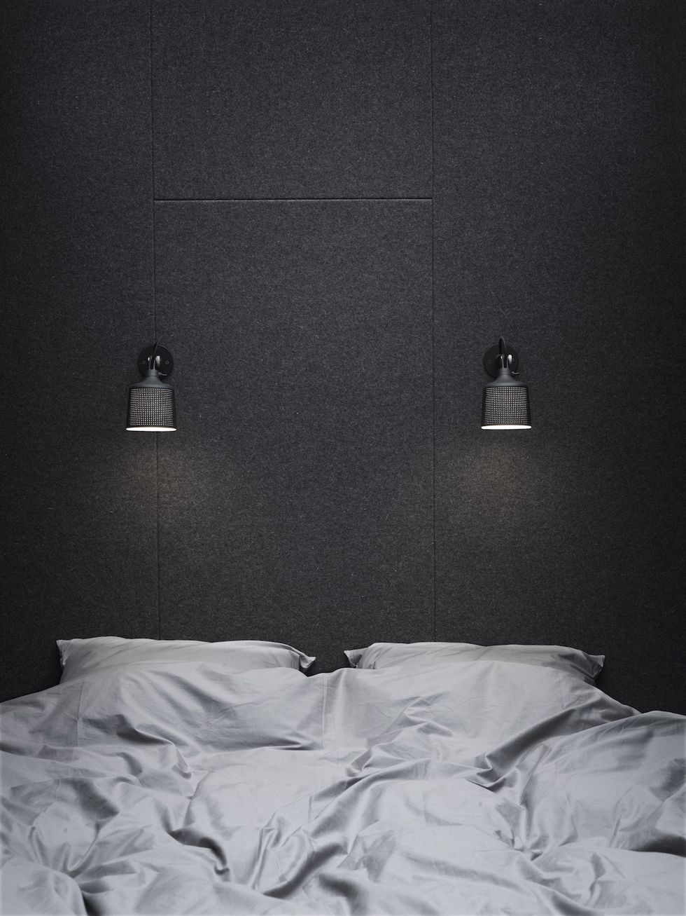 White, Black, Bedroom, Bed sheet, Room, Bed, Wall, Furniture, Black-and-white, Bedding, 