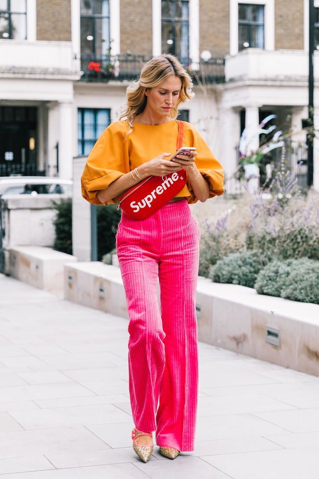 Clothing, Pink, Orange, Yellow, Street fashion, Red, Shoulder, Fashion, Beauty, Jeans, 