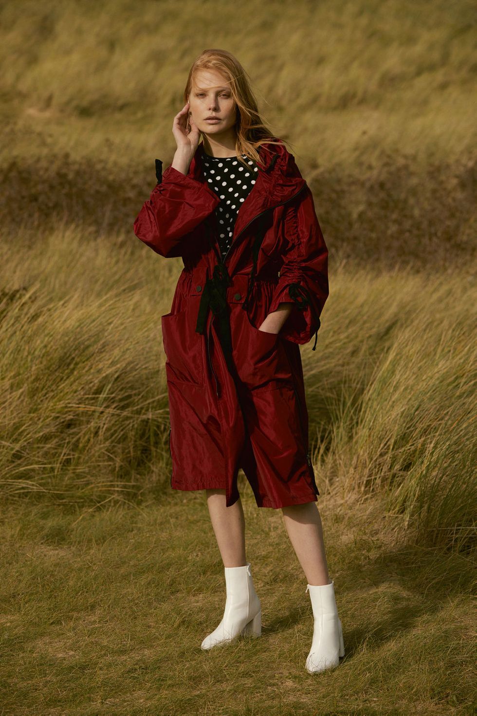 Red, Clothing, Maroon, Outerwear, Grass, Fun, Photography, Dress, Long hair, Pattern, 