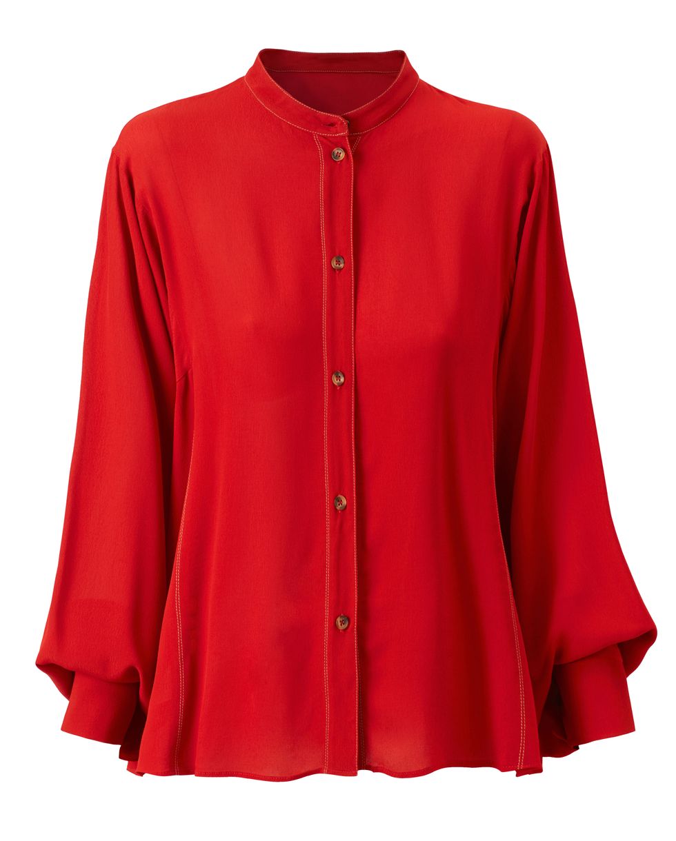 Clothing, Red, Sleeve, Button, Outerwear, Collar, Blouse, Shirt, Top, Neck, 
