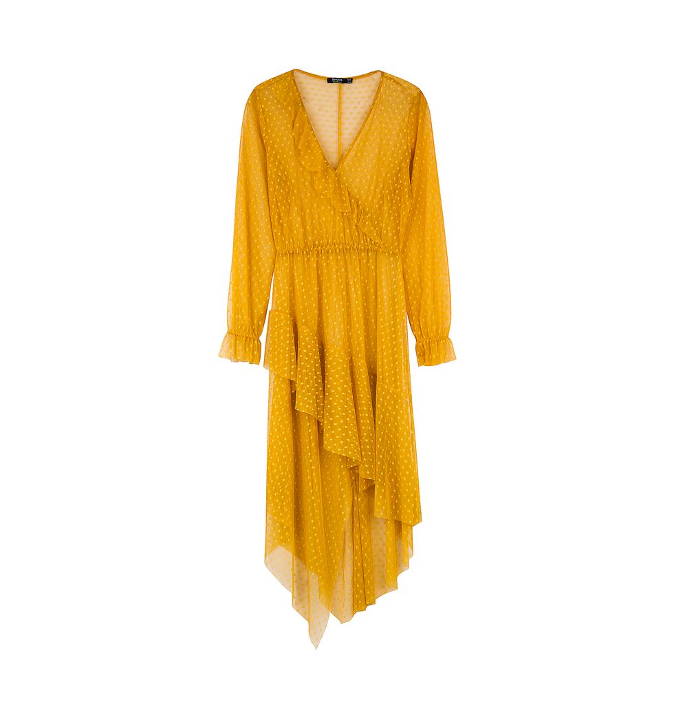Clothing, Yellow, Day dress, Dress, Orange, Sleeve, Cover-up, Outerwear, Cocktail dress, Blouse, 