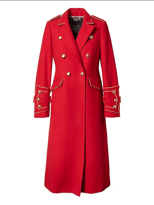 Clothing, Coat, Trench coat, Overcoat, Outerwear, Red, Sleeve, Collar, Dress, Duster, 