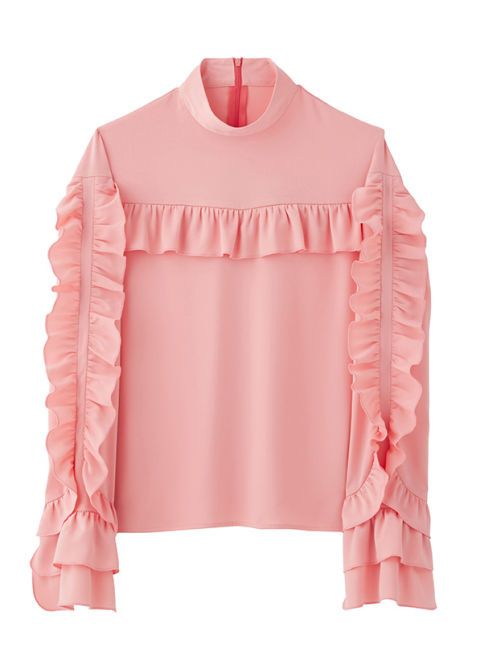 Clothing, Pink, Sleeve, Ruffle, Outerwear, Peach, Blouse, Jacket, Collar, Top, 