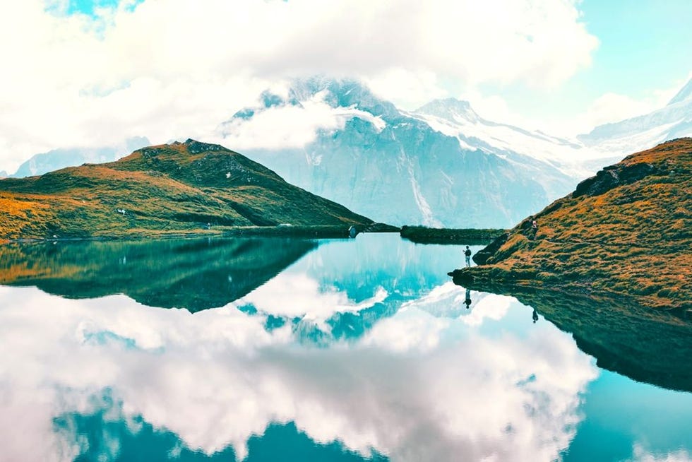 Nature, Reflection, Sky, Natural landscape, Mountain, Mountainous landforms, Water, Lake, Highland, Water resources, 