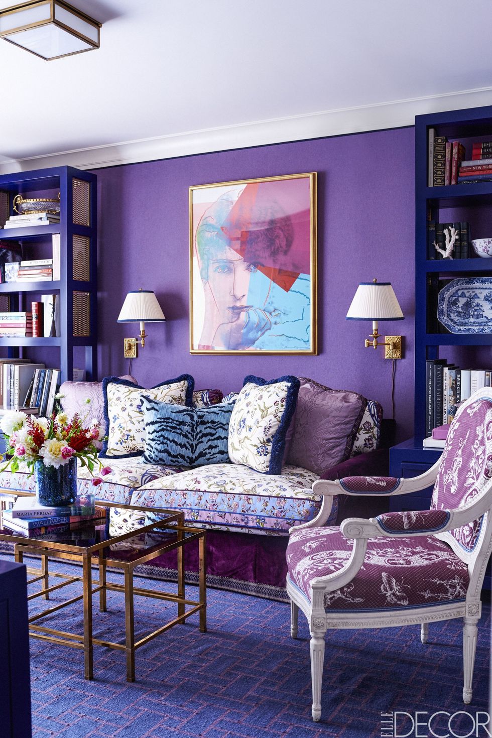 Living room, Room, Purple, Blue, Furniture, Interior design, Violet, Property, Pink, Couch, 