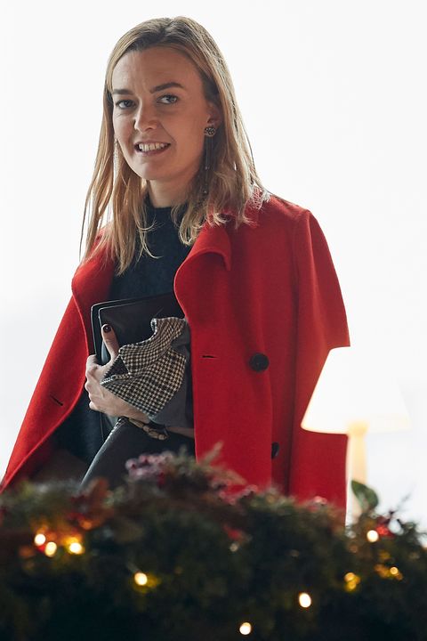 Red, Christmas, Outerwear, Tree, Holiday, Christmas eve, Happy, Long hair, Sitting, Brown hair, 