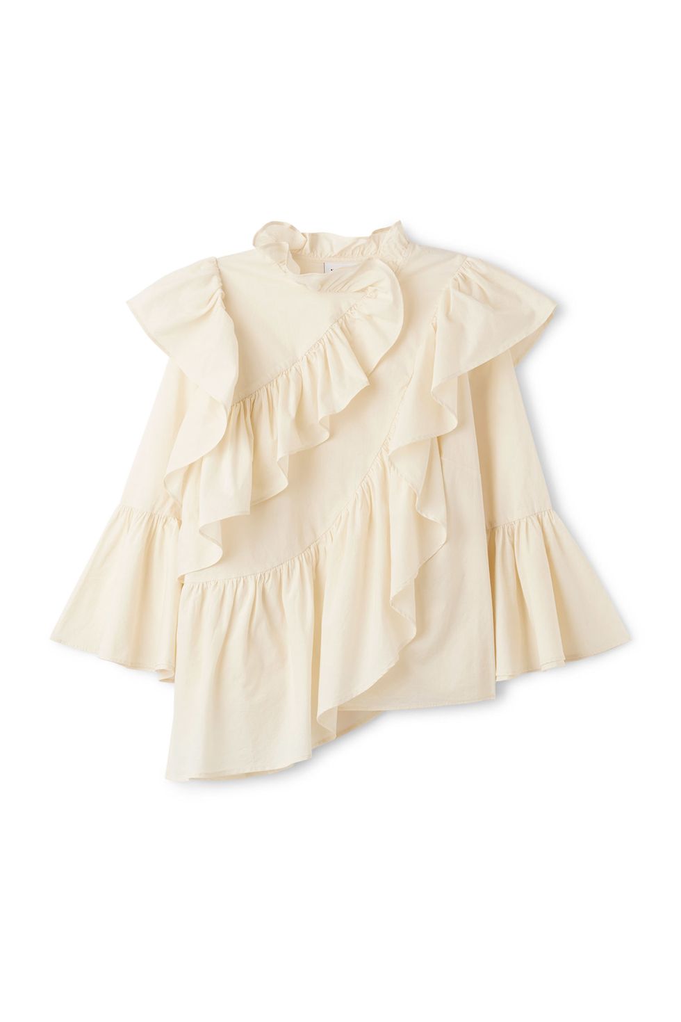 Clothing, Beige, Outerwear, Ruffle, Blouse, Sleeve, Textile, Dress, Fashion accessory, Collar, 