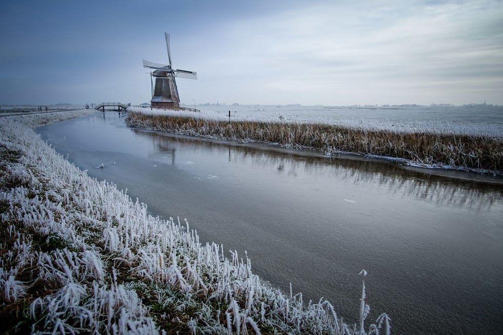 Windmill, Water, Freezing, Winter, Waterway, Sky, Snow, Ice, Landscape, Channel, 