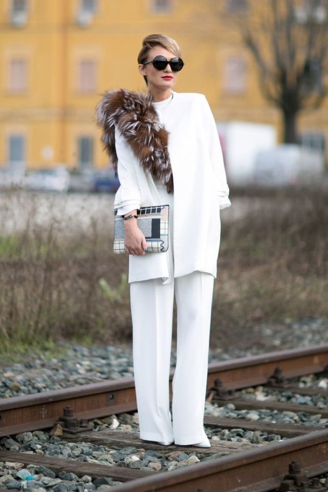 Clothing, White, Street fashion, Fashion, Fur, Jeans, Trousers, Outerwear, Suit, Footwear, 