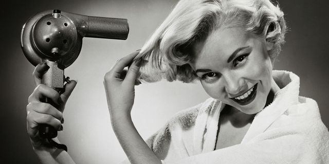 Hair dryer, Blond, Black-and-white, Photography, Smile, Monochrome, Style, Ear, 