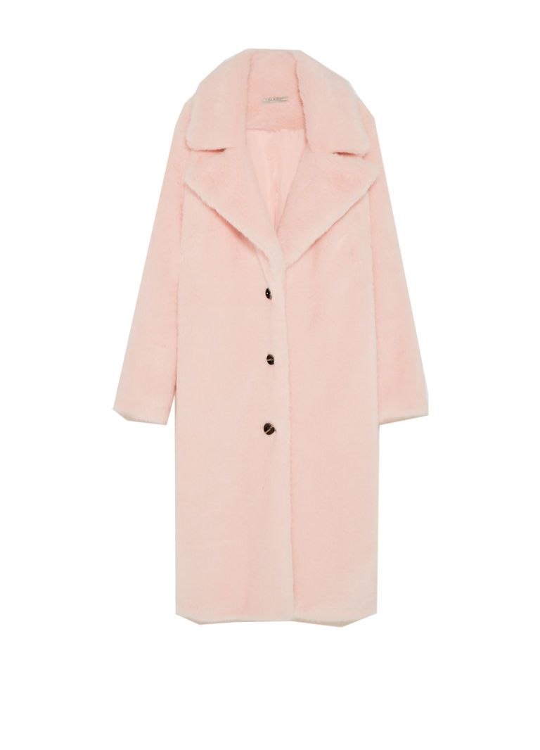 Clothing, Coat, Pink, Outerwear, Trench coat, Sleeve, Collar, Overcoat, Button, Beige, 