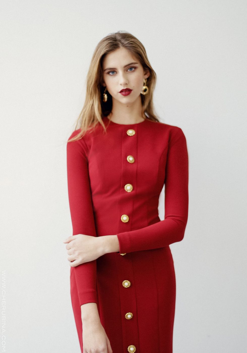 Clothing, Red, Sleeve, Coat, Outerwear, Button, Fashion, Dress, Collar, Fashion model, 