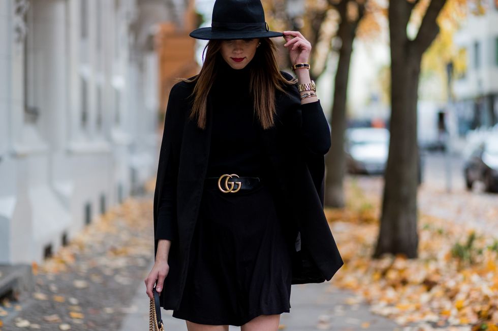 Clothing, Black, Street fashion, Shoulder, Fashion, Little black dress, Hat, Fedora, Beauty, Dress, 