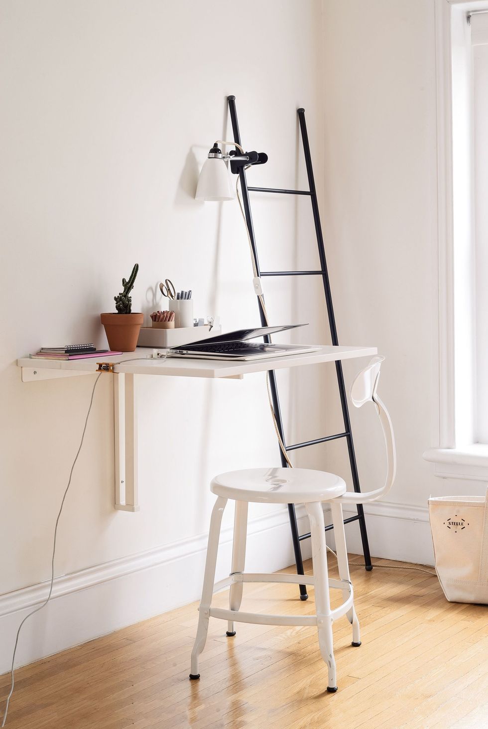 White, Furniture, Shelf, Room, Desk, Table, Ladder, Floor, Chair, Interior design, 