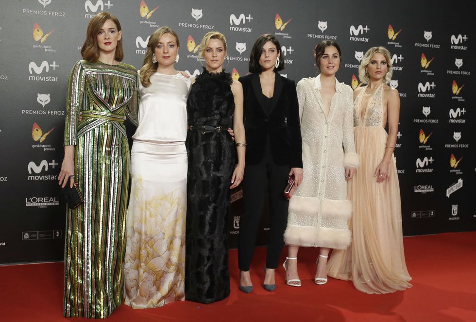 Actresses Ana Maria Polvorosa , Angela Cremonte , Maggie Civantos , Nadia de Santiago and Ana Fernandez at the 5th annual Feroz Awards on Monday, Jan. 22, 2018, in Madrid