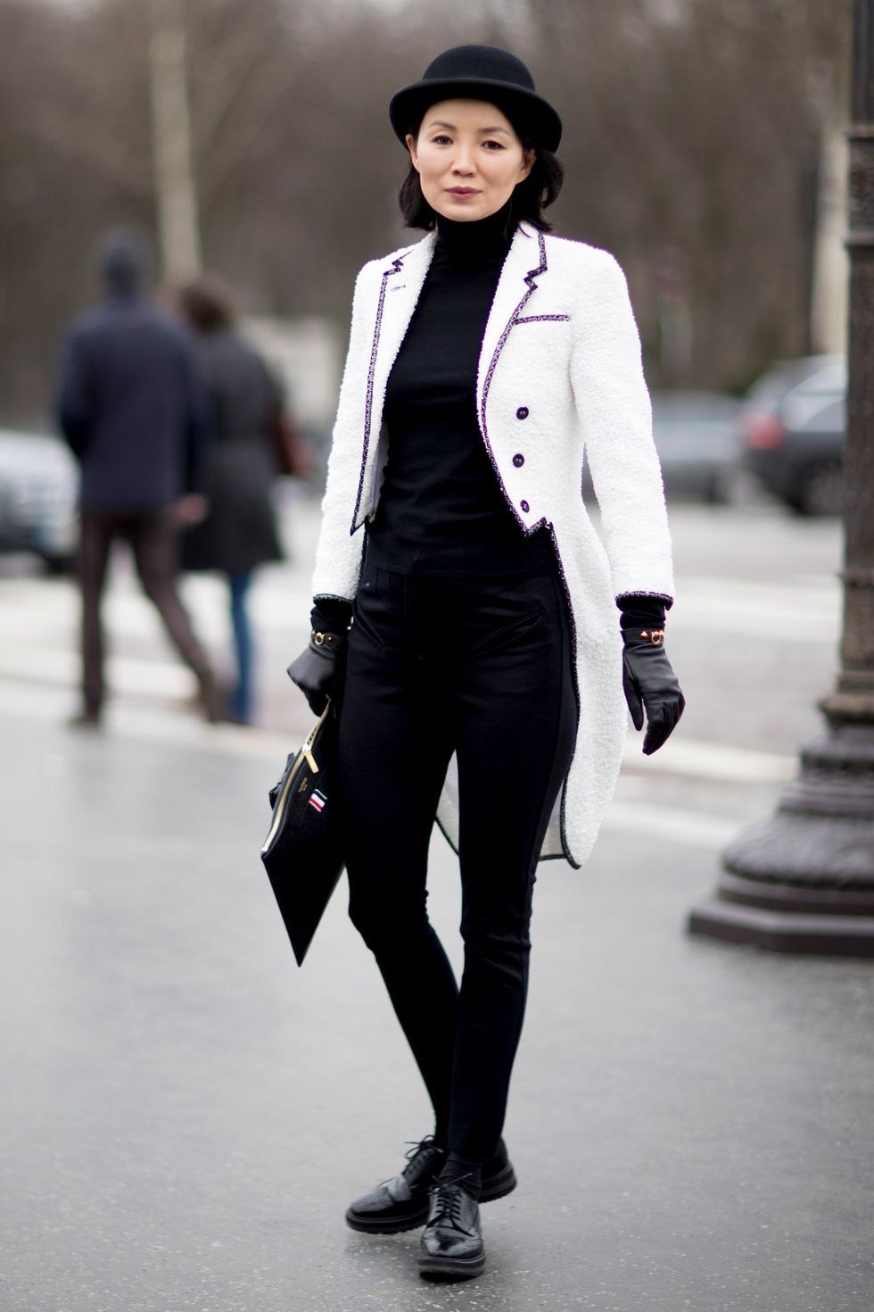 White, Clothing, Street fashion, Black, Fashion, Fashion model, Snapshot, Black-and-white, Outerwear, Suit, 