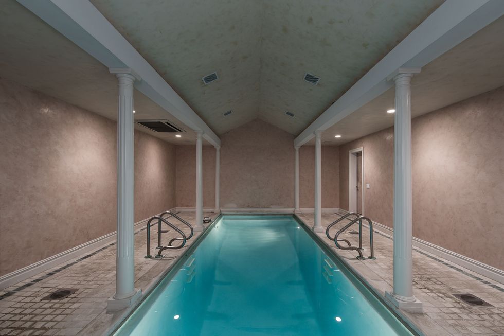 Swimming pool, Ceiling, Property, Building, Architecture, Wall, Lighting, Floor, Interior design, Room, 