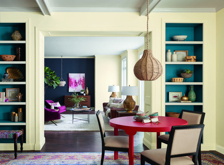 Shelf, Room, Furniture, Interior design, Shelving, Turquoise, Green, Living room, Table, Pink, 