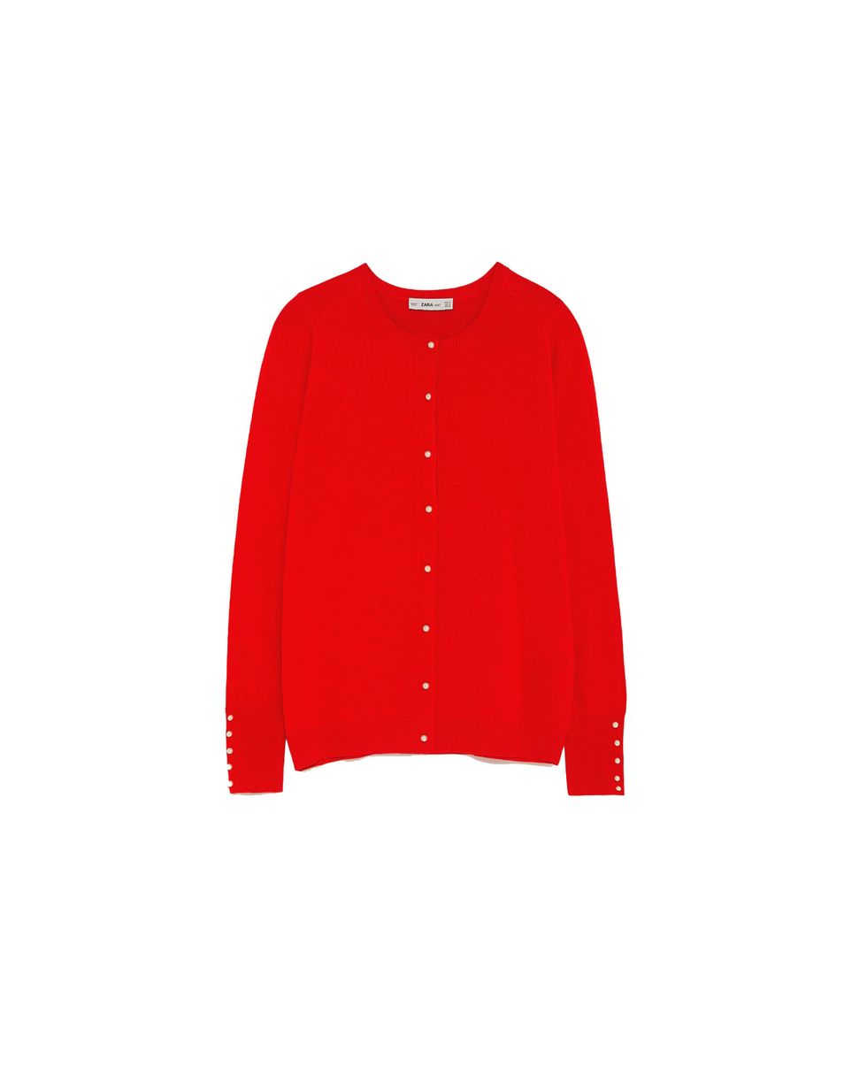 Clothing, Outerwear, Red, Sweater, Sleeve, Cardigan, Jersey, Top, Jacket, Neck, 