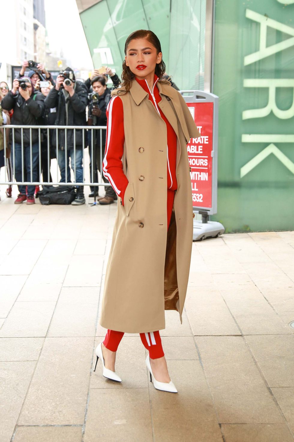 Clothing, Trench coat, Coat, Street fashion, Overcoat, Fashion, Red, Snapshot, Outerwear, Footwear, 