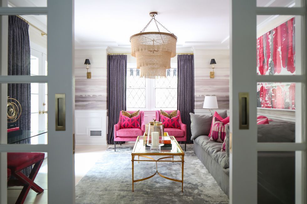 Room, Interior design, Furniture, Pink, Red, Lighting, Property, Living room, Light fixture, Building, 