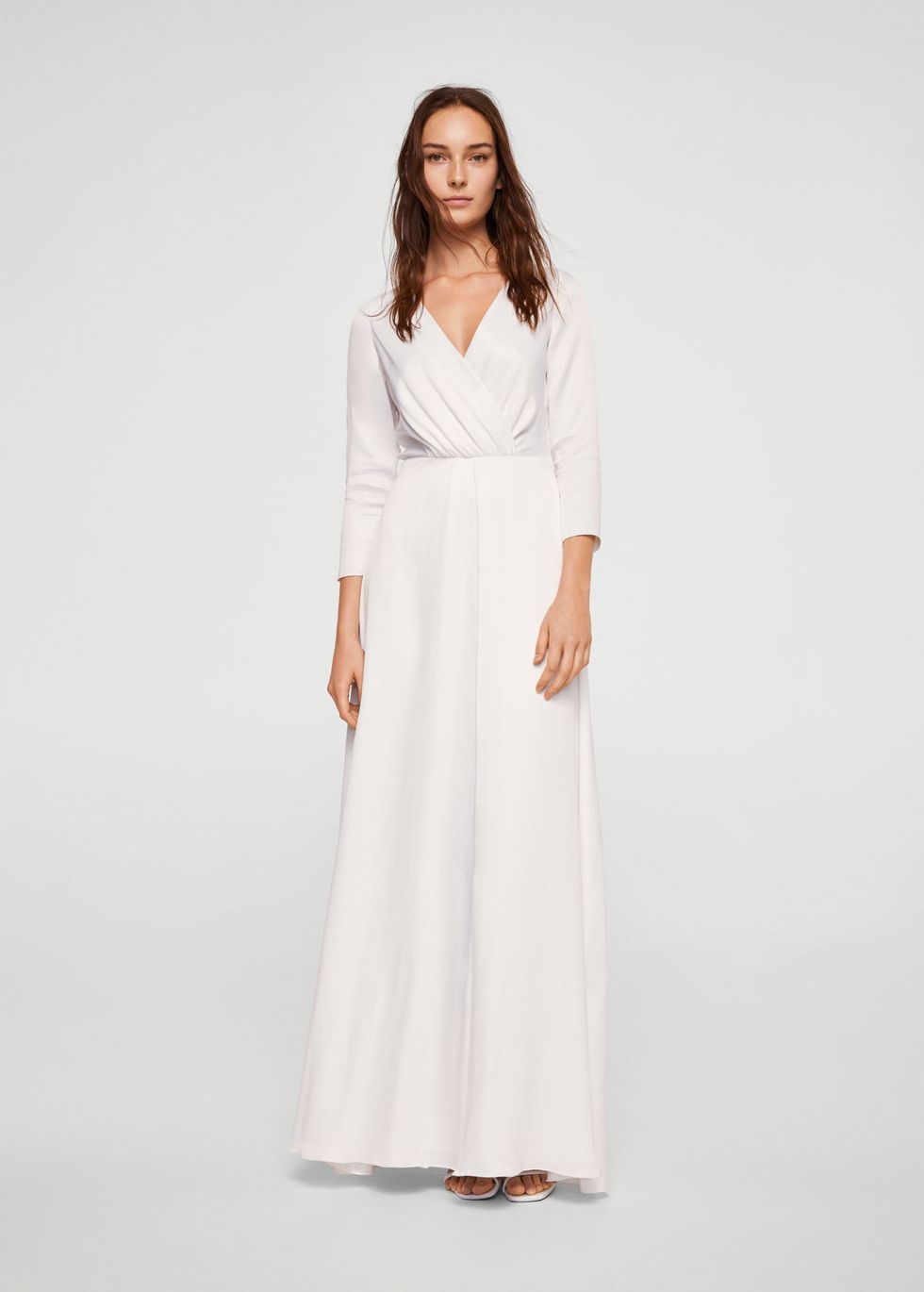 Clothing, White, Dress, Gown, Day dress, Sleeve, Neck, Photo shoot, Fashion model, Formal wear, 