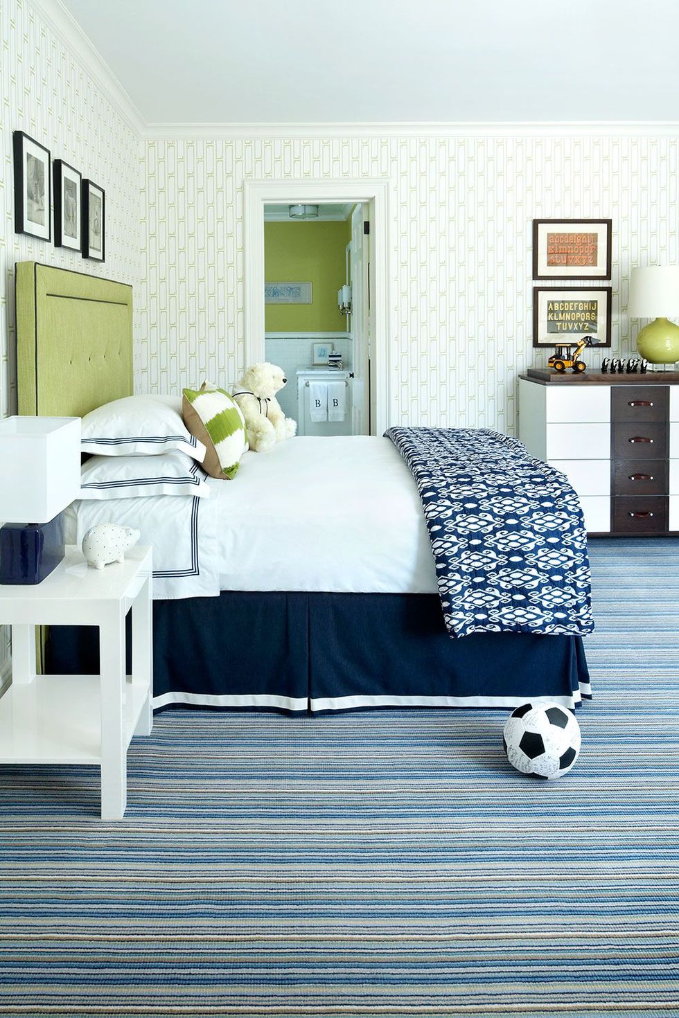 Bedroom, Furniture, Bed, Bed sheet, Room, Bed frame, Blue, Bedding, Nightstand, Interior design, 