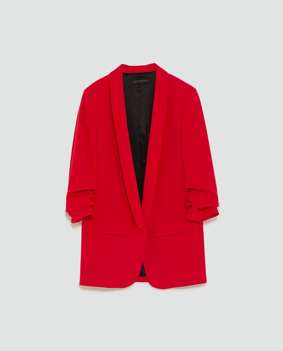 Clothing, Outerwear, Red, Jacket, Blazer, Sleeve, Button, Collar, Formal wear, Top, 