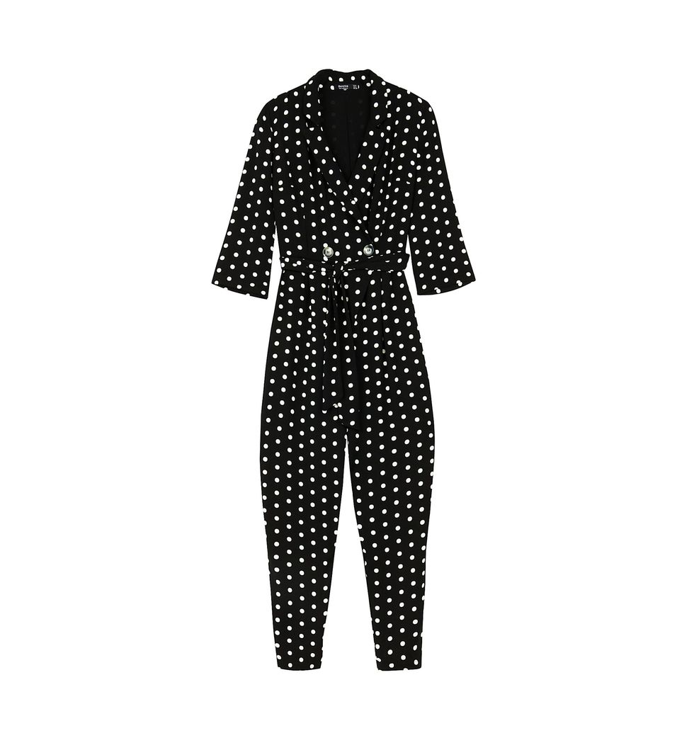 Clothing, Pattern, Polka dot, Design, Outerwear, Sleeve, Suit, Black-and-white, Trousers, Pattern, 