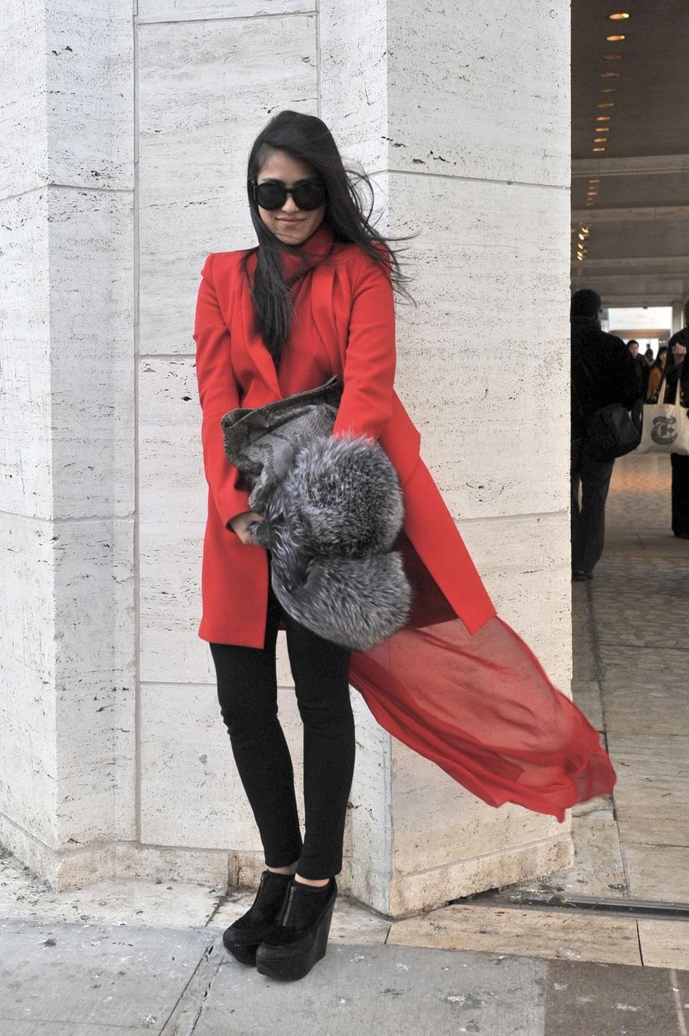 Clothing, Textile, Standing, Outerwear, Red, Style, Street fashion, Sunglasses, Fashion, Bag, 