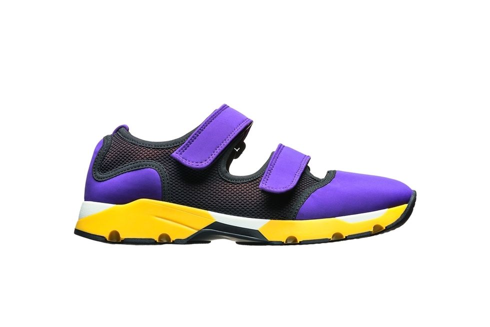 Footwear, Yellow, Shoe, Purple, Violet, Logo, Athletic shoe, Lavender, Walking shoe, Brand, 