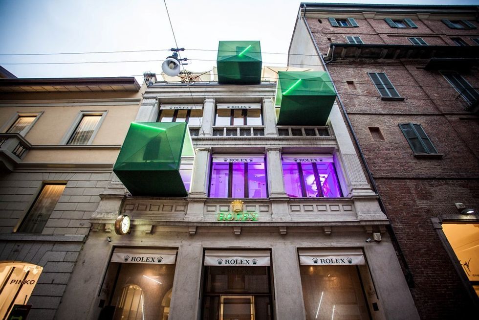 Green, Architecture, Facade, Building, Wall, Door, Colorfulness, Purple, Urban area, Fixture, 