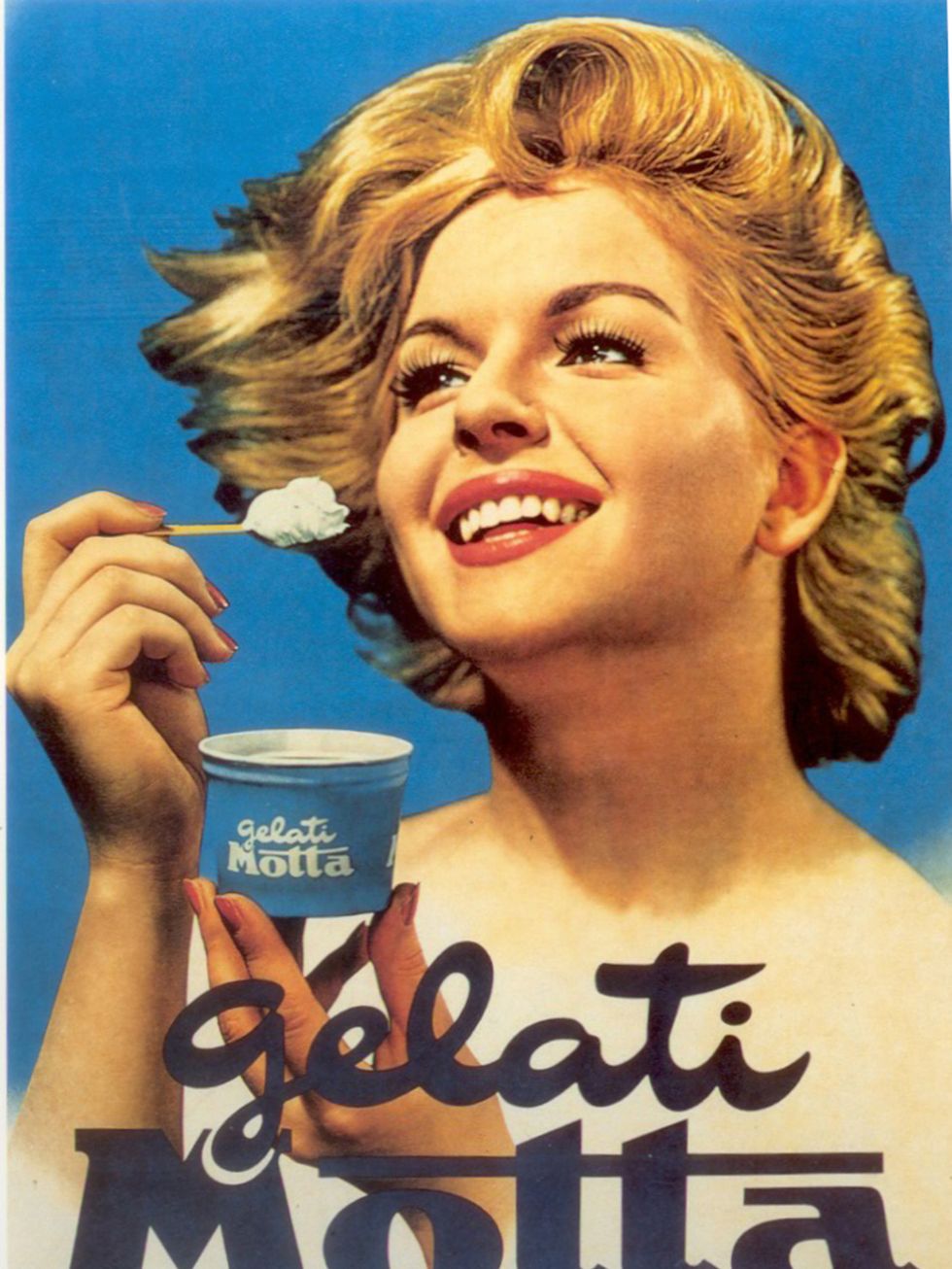 Hairstyle, Eyebrow, Tooth, Style, Jaw, Eyelash, Blond, Brown hair, Poster, Vintage advertisement, 