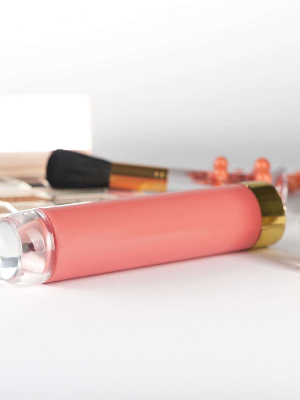 Lipstick, Pink, Cosmetics, Peach, Stationery, Office supplies, Office equipment, Material property, Cylinder, Silver, 