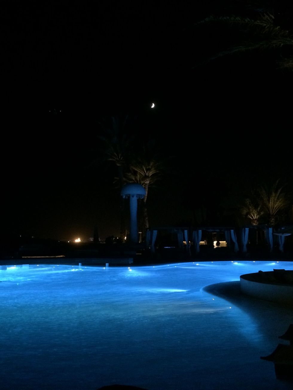 Night, Darkness, Midnight, Arecales, Resort, Landscape lighting, Resort town, Palm tree, Hotel, Swimming pool, 