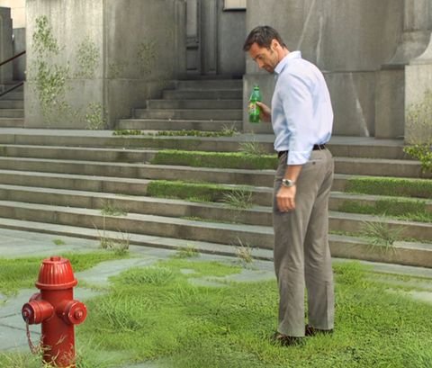 Fire hydrant, Green, Standing, Dress shirt, Stairs, Coquelicot, Street fashion, Pocket, Cylinder, Khaki pants, 