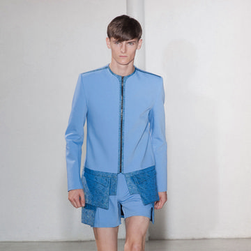 Clothing, Blue, Sleeve, Collar, Shoulder, Fashion show, Human leg, Textile, Joint, Outerwear, 