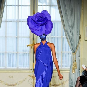 Style, Electric blue, Curtain, Dress, Fashion show, Purple, Cobalt blue, Costume design, Waist, Costume, 