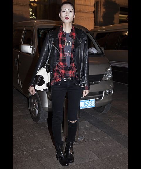 Clothing, Outerwear, Jacket, Street fashion, Leather, Vehicle door, Boot, Leather jacket, Luxury vehicle, Knee-high boot, 